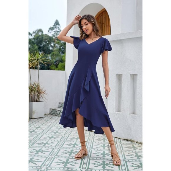 V Neck Formal Dress Ruffle Sleeves High-Low Flowy Casual Evening - Picture 4 of 6